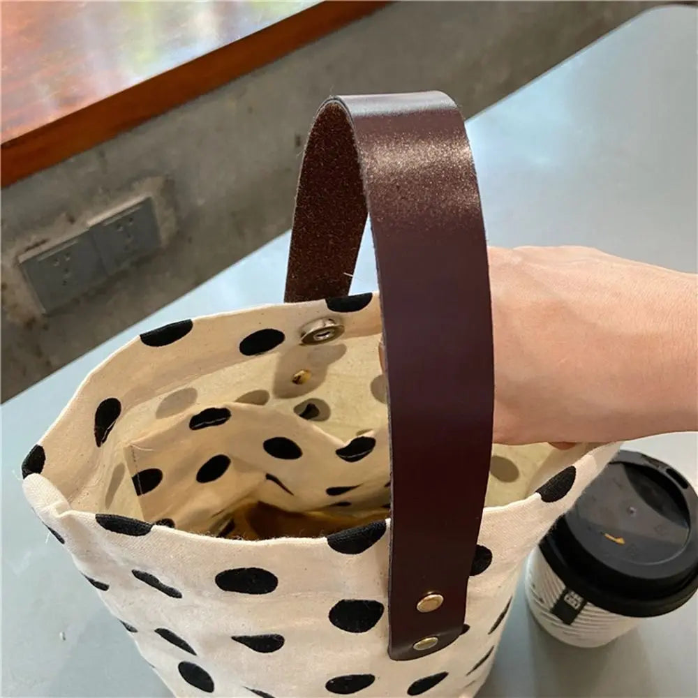 Simple Wave Point Polka Dot Canvas Bucket Bag Korean Style Large Capacity Handbag Tote Bag Lunch Bag Mummy Bag Travel