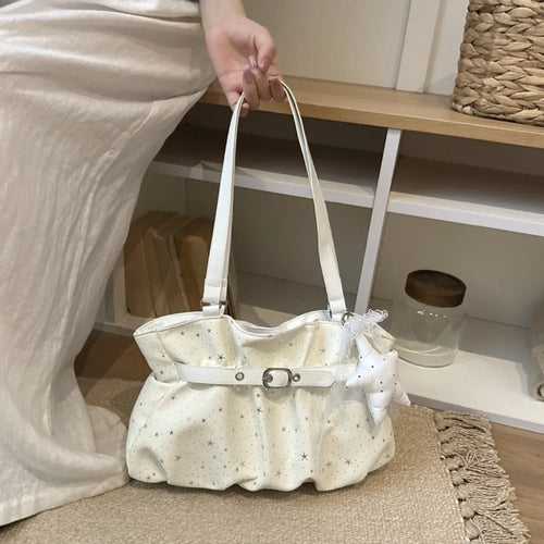 Casual Nylon Star Print Handbag Hobo Korean Style Women Tote Bag Solid Color Large Capacity Underarm Shoulder Bag Daily