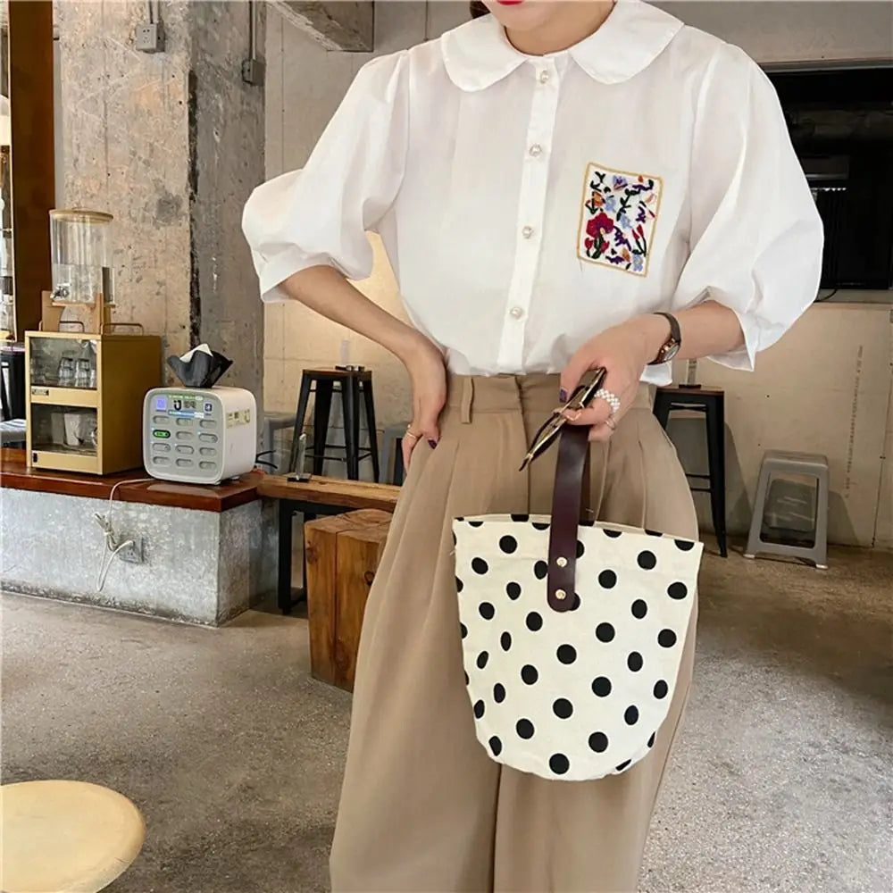 Simple Wave Point Polka Dot Canvas Bucket Bag Korean Style Large Capacity Handbag Tote Bag Lunch Bag Mummy Bag Travel