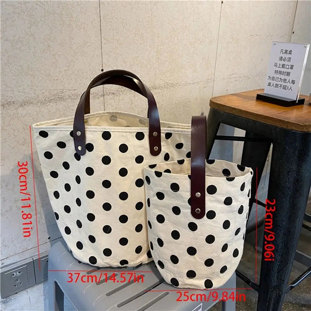 Simple Wave Point Polka Dot Canvas Bucket Bag Korean Style Large Capacity Handbag Tote Bag Lunch Bag Mummy Bag Travel