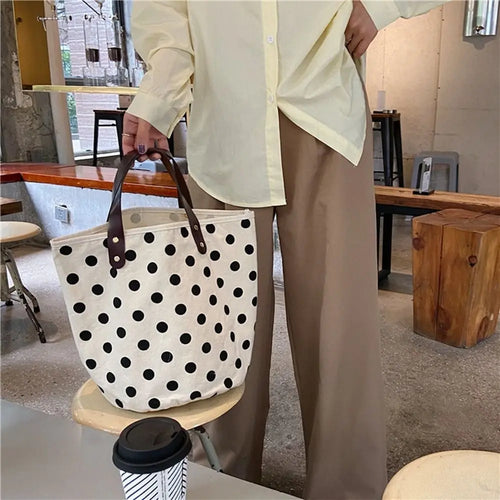 Simple Wave Point Polka Dot Canvas Bucket Bag Korean Style Large Capacity Handbag Tote Bag Lunch Bag Mummy Bag Travel