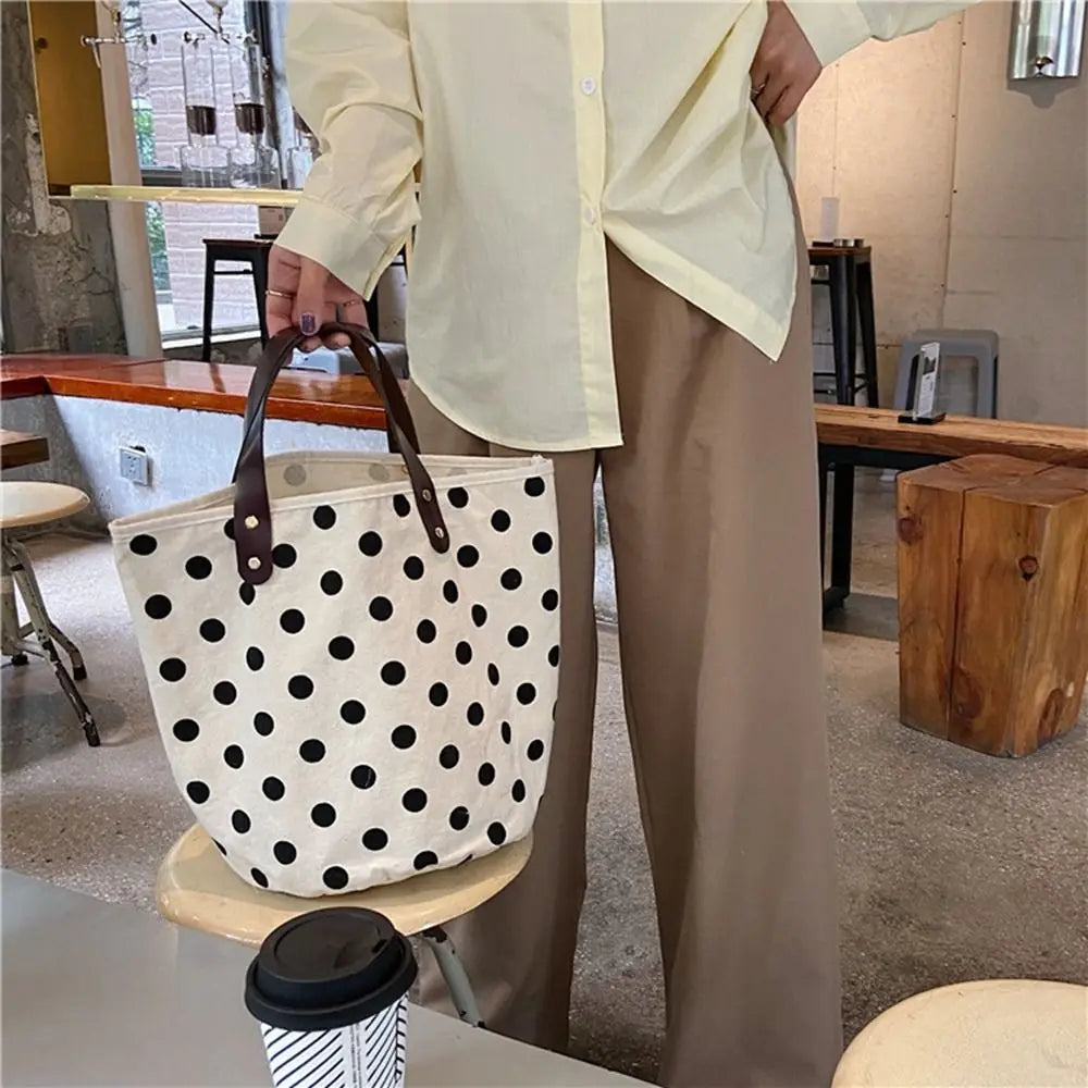 Simple Wave Point Polka Dot Canvas Bucket Bag Korean Style Large Capacity Handbag Tote Bag Lunch Bag Mummy Bag Travel