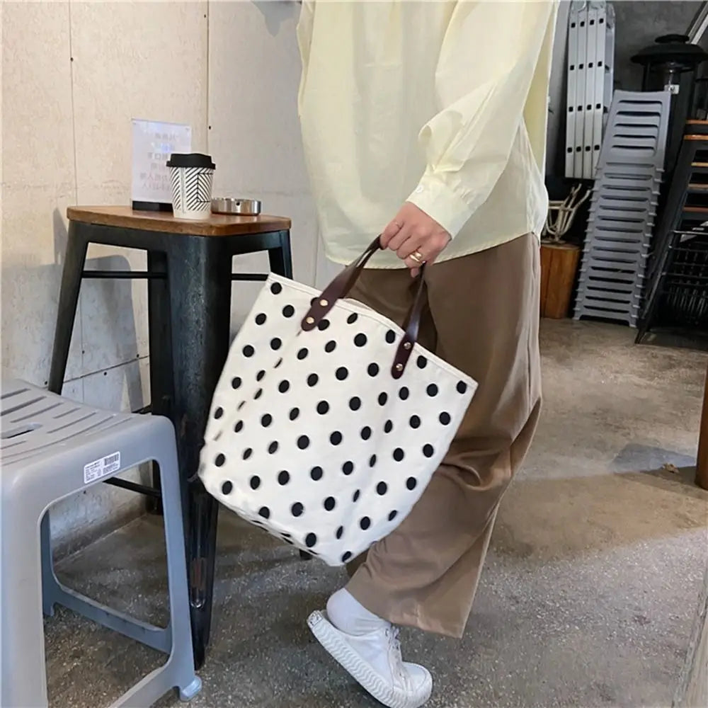 Simple Wave Point Polka Dot Canvas Bucket Bag Korean Style Large Capacity Handbag Tote Bag Lunch Bag Mummy Bag Travel