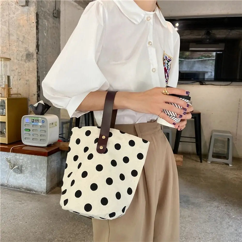 Simple Wave Point Polka Dot Canvas Bucket Bag Korean Style Large Capacity Handbag Tote Bag Lunch Bag Mummy Bag Travel