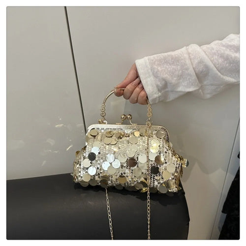 Casual Sequined Evening Bag Round Handle Clip Chain Crossbody Bag Large Capacity Elegant Shoulder Bag Women