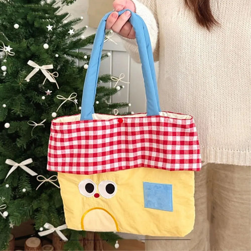 Casual Kawaii Cartoon Canvas Handbag Japanese Style Sweet Embroidered Tote Bag Lovely Cloth Cute Shoulder Bag Women
