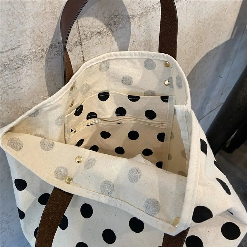 Simple Wave Point Polka Dot Canvas Bucket Bag Korean Style Large Capacity Handbag Tote Bag Lunch Bag Mummy Bag Travel