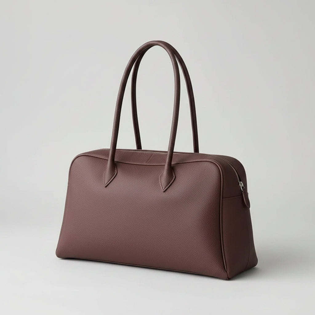 Brown leather handbag on a wooden surface with a laptop and glasses nearby.