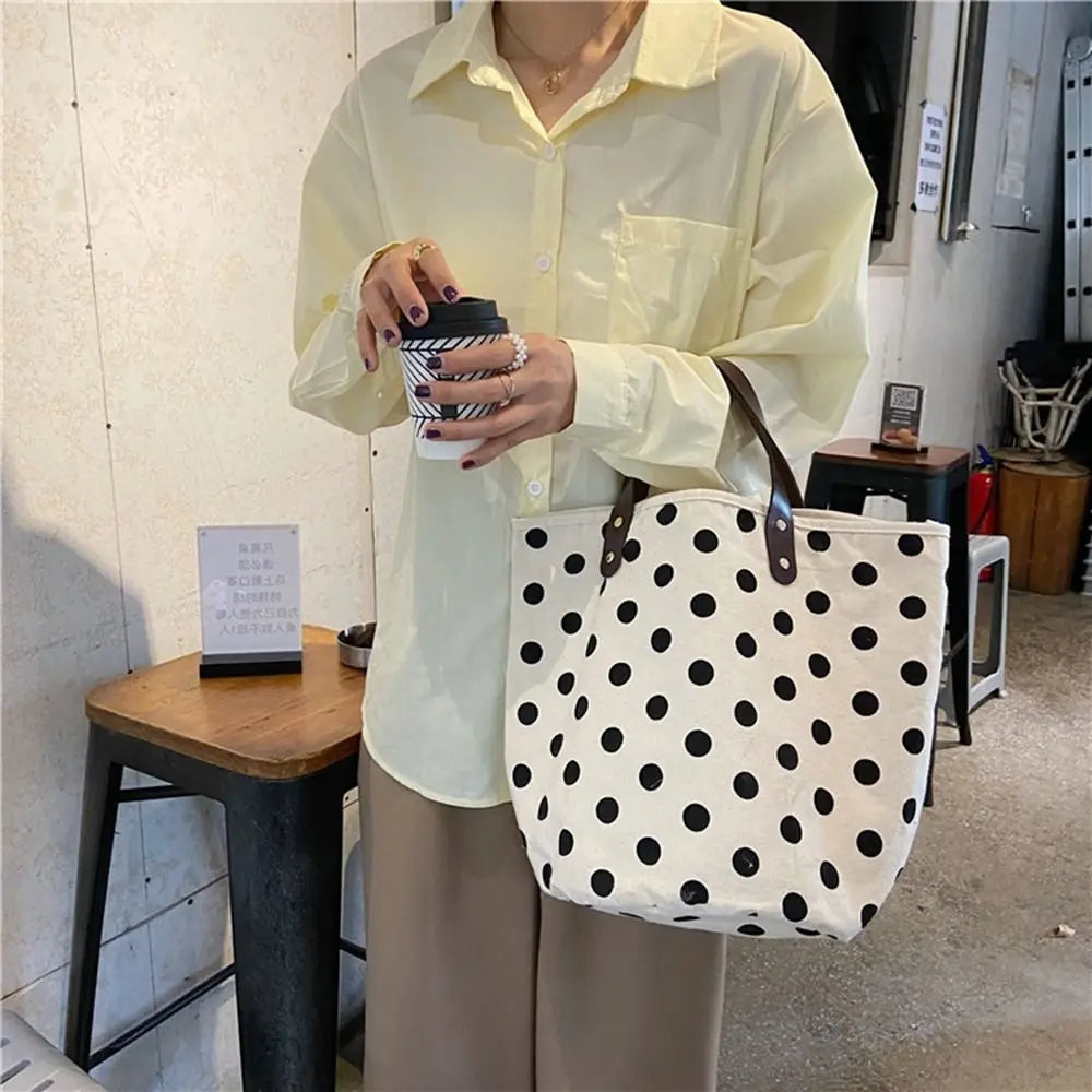 Simple Wave Point Polka Dot Canvas Bucket Bag Korean Style Large Capacity Handbag Tote Bag Lunch Bag Mummy Bag Travel