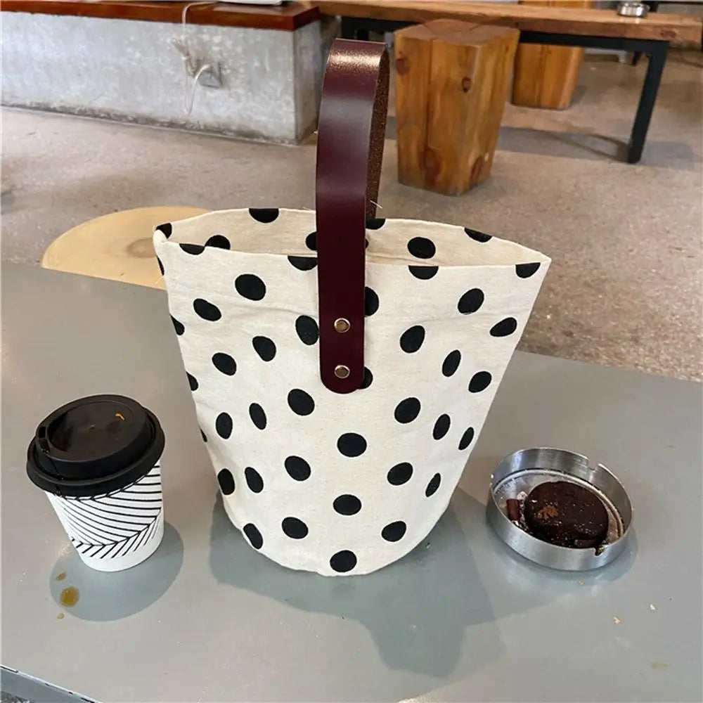 Simple Wave Point Polka Dot Canvas Bucket Bag Korean Style Large Capacity Handbag Tote Bag Lunch Bag Mummy Bag Travel